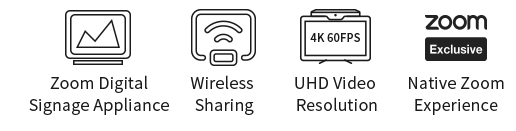 ZOOM Room Appliance Room Cast verfügt über zahlreiche Funktionen wie drahtloses Teilen von Inhalten und UHD-Videoauflösung.