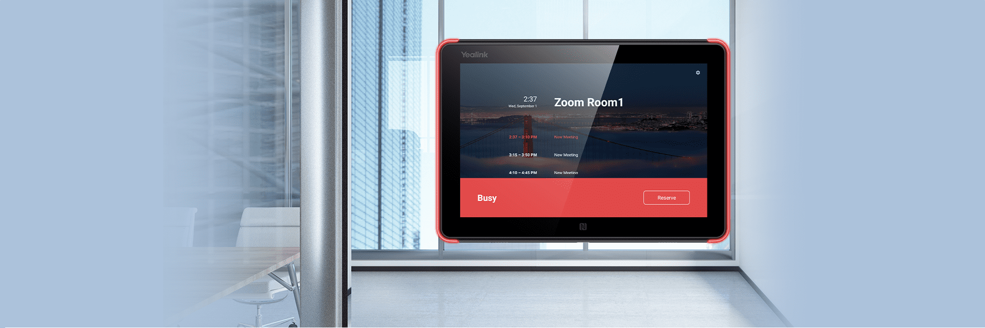 Yealink RoomPanel is a dedicated and versatile touchscreen designed for mounted outside the meeting spaces and displaying meeting details