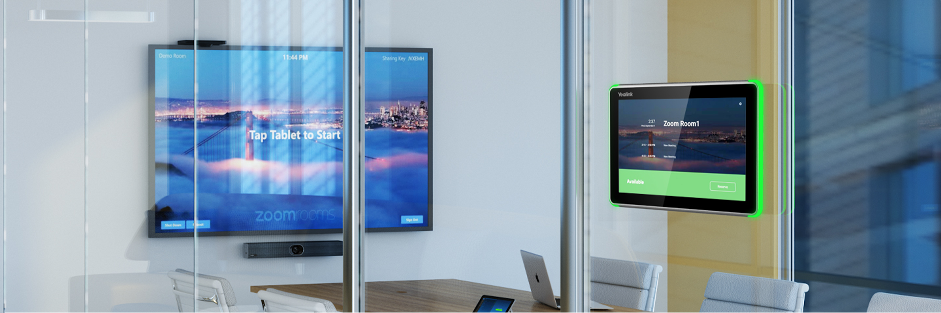 Yealink RoomPanel is a dedicated and versatile touchscreen designed for mounted outside the<br/>meeting spaces and displaying meeting details