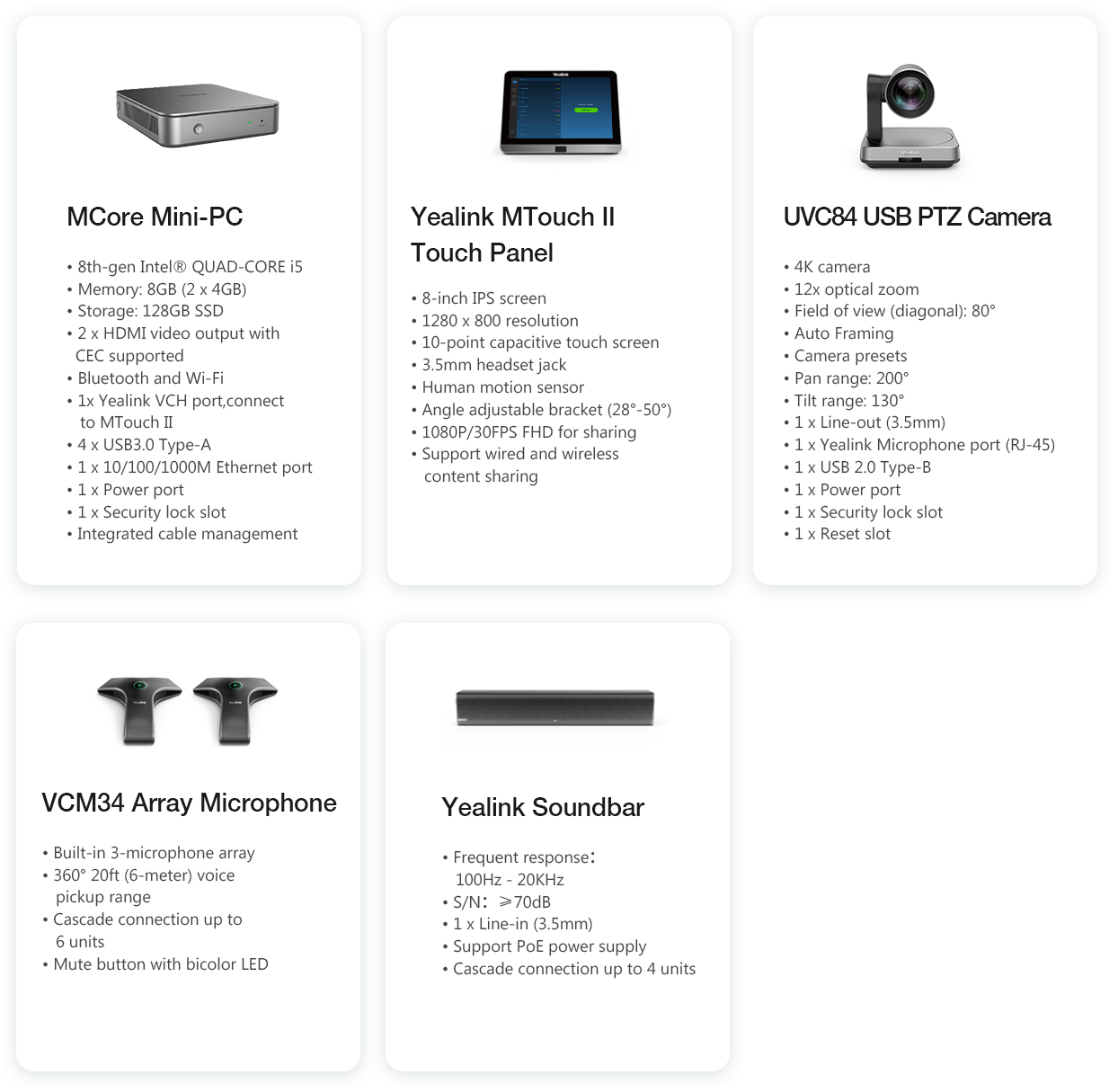 Yealink ZVC840 zoomrooms kit vc equipment specifications.