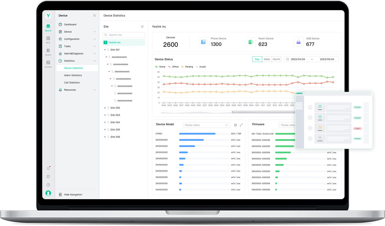 Soutenez votre personnel, mettez à niveau et mettez à jour les téléphones en masse et recevez des alarmes en temps réel, telles que des notifications hors ligne ou des échecs de mise à niveau du micrologiciel, avec des plateformes de gestion professionnelles. Que vous choisissiez Teams Admin Center (TAC), Yealink Management Cloud Service (YMCS) ou les deux plates-formes ensemble, elles facilitent la gestion des téléphones.