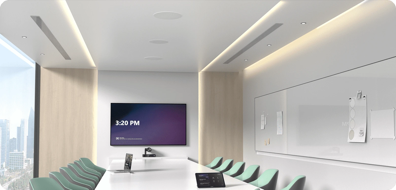 Suitable for Medium Meeting Room, with ceiling-mounted equipment ensuring audio coverage throughout the space.