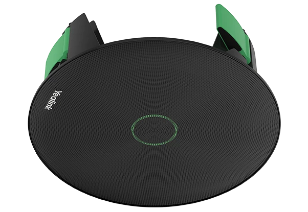 Yealink ceiling microphone with a black finish and green indicator light, highlighting its modern aesthetic.