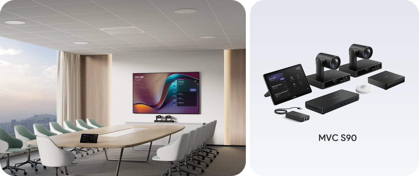 Boardroom setup featuring the MVC S90 dual-camera Video Conferencing Solution