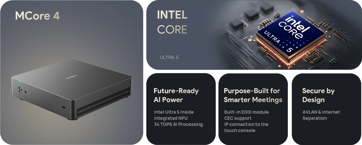 MCoreS4 deployment in a modern meeting space, powered by Intel Core Ultra 5 and AI-enhanced NPU