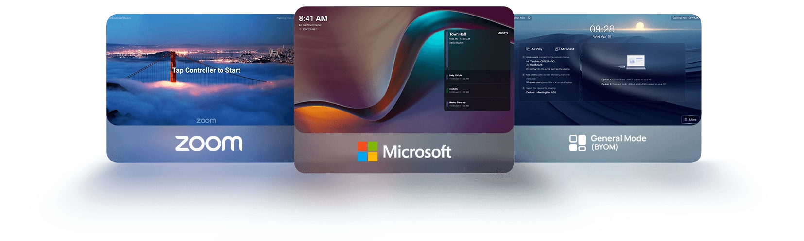 Yealink MeetingBar interface supports Zoom, Microsoft Teams, and BYOM with vibrant previews, enabling flexible, user-friendly meetings